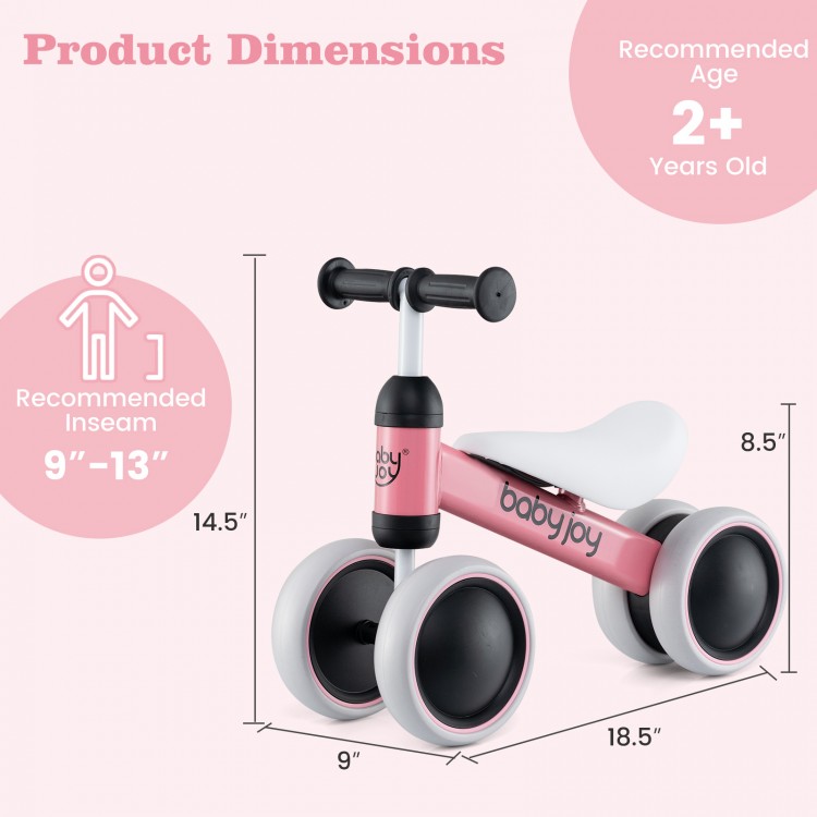 Baby balance bike in pink with four wheels, soft seat, and TPE handlebars, ideal for toddlers aged 2+ years.