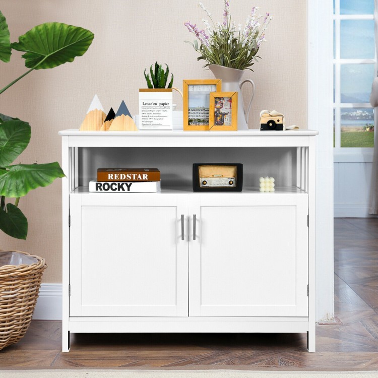 White kitchen buffet server sideboard with 2 doors, adjustable shelf, and spacious countertop for versatile storage.