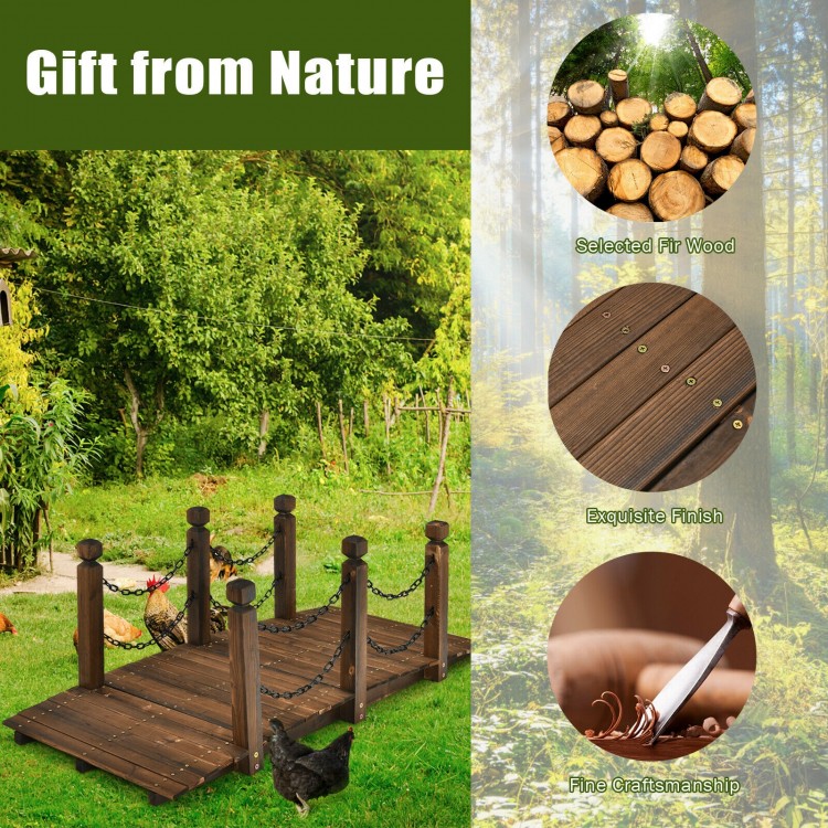 5 feet wooden garden bridge with stained finish and safety rails, perfect for outdoor decoration and durability.