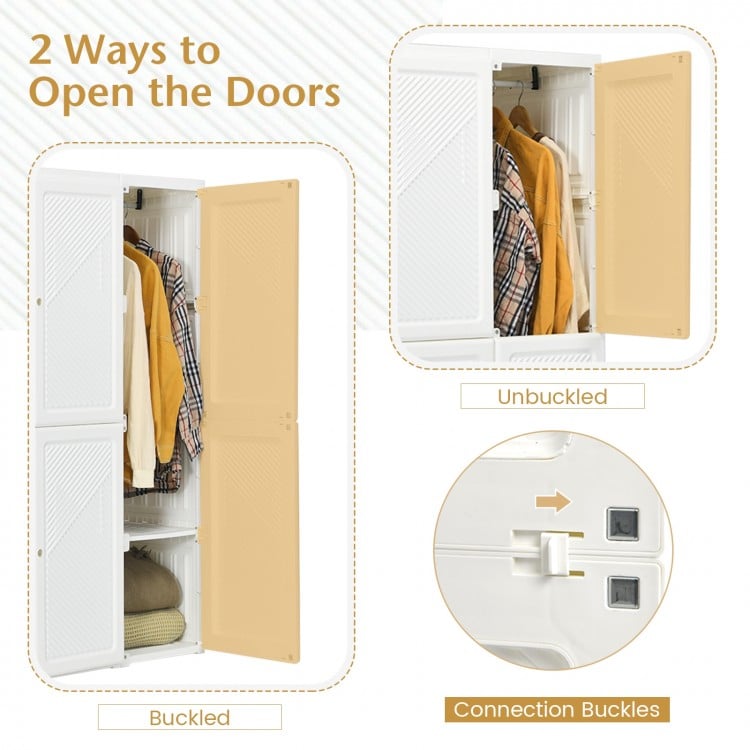 Foldable closet organizer with 8 cubby storage, featuring buckled and unbuckled door options for versatile access.