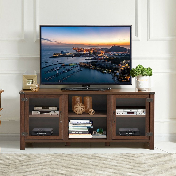 Walnut TV stand with tempered glass doors, 2-tier shelves, and storage cabinets, perfect for living room organization.