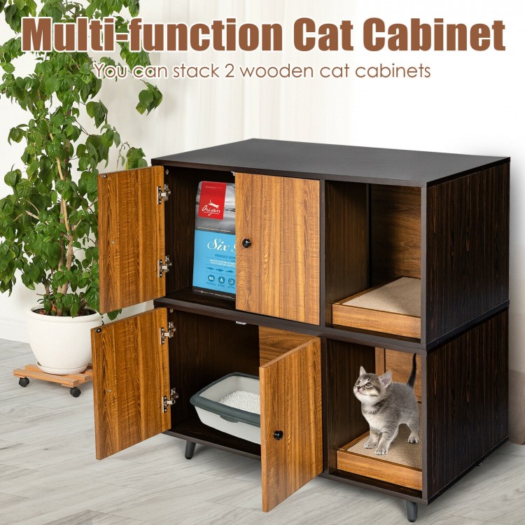 Brown cat litter box enclosure with double doors, divider, and scratching pad, perfect for a stylish pet-friendly home.