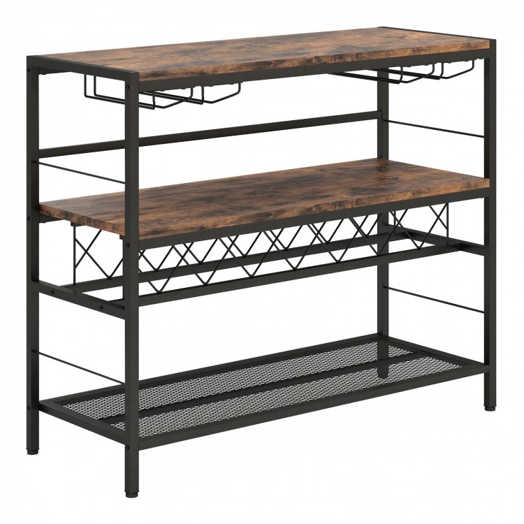 Rustic brown 41-inch 4-tier bar table with wine rack and glass holders, perfect for kitchens and dining rooms.