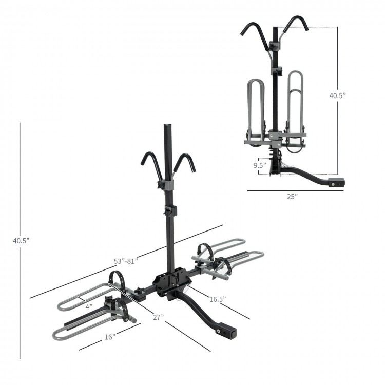 2-Bike hitch mount bike rack with adjustable wheel holders and foam-padded hooks, suitable for 1-1/4" and 2" receivers.