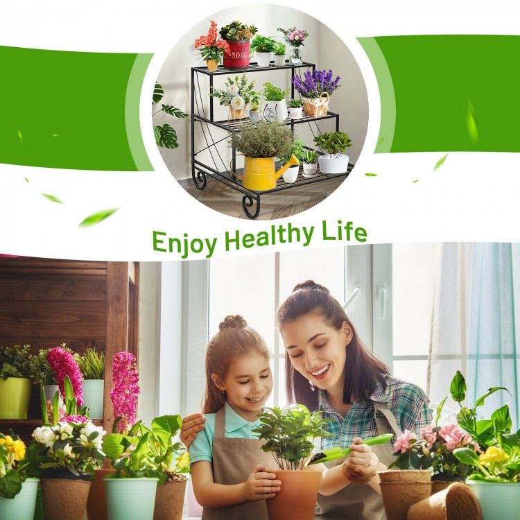 Three-tier outdoor metal garden planter holder shelf in black, perfect for displaying potted plants on patios or decks.