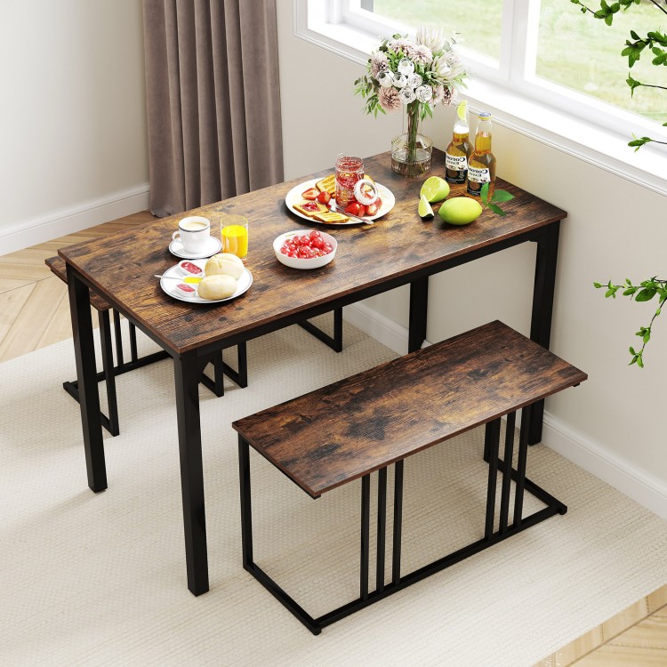 Industrial dining table set featuring a brown table, bench, and two stools, perfect for meals and gatherings.