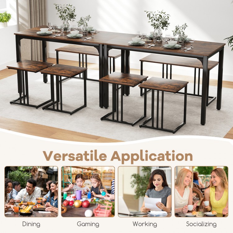 Industrial dining table set with bench and 2 stools in brown, perfect for dining, working, or socializing.