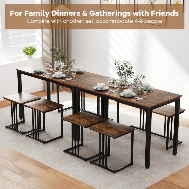 Industrial dining table set with brown wooden top, black metal frame, includes bench and 2 stools for 4-8 people.