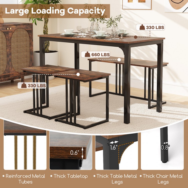 Industrial dining table set featuring a brown tabletop, black metal frame, and strong loading capacity for 4 persons.