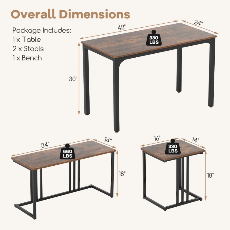 Industrial dining table set featuring a brown table, bench, and 2 stools, designed for 4 persons with sturdy metal.