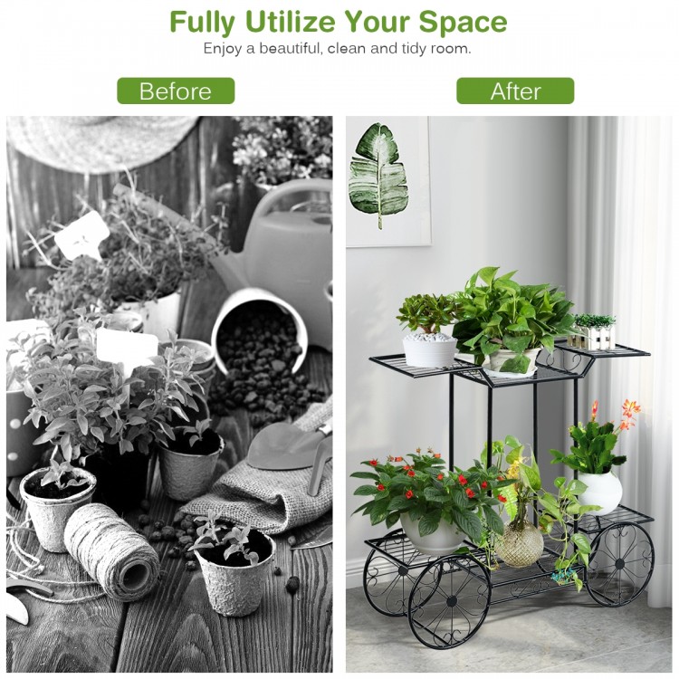 6-tier garden cart flower rack in black, showcasing plants for indoor and outdoor decor, enhancing space utilization.