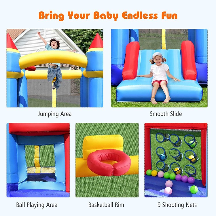 Inflatable bounce house featuring a jumping area, ball pit, basketball hoop, and smooth slide for outdoor fun.