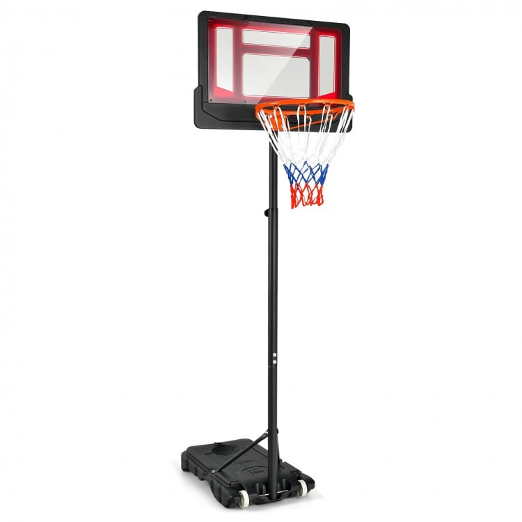 Portable basketball hoop with adjustable height from 4.3FT to 8.2FT, featuring wheels for easy mobility and a.