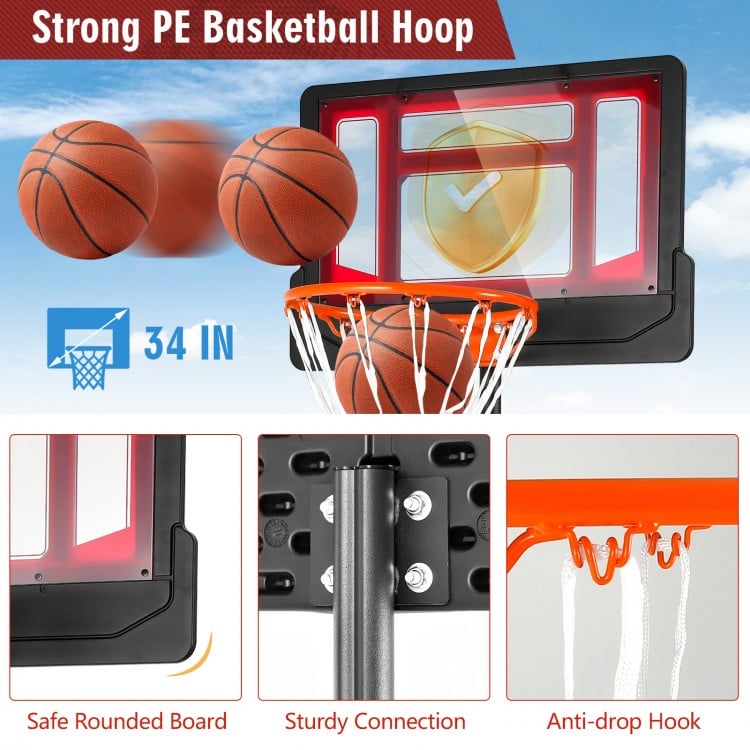 Portable basketball hoop with adjustable height, shatterproof backboard, and built-in wheels for easy mobility outdoors.