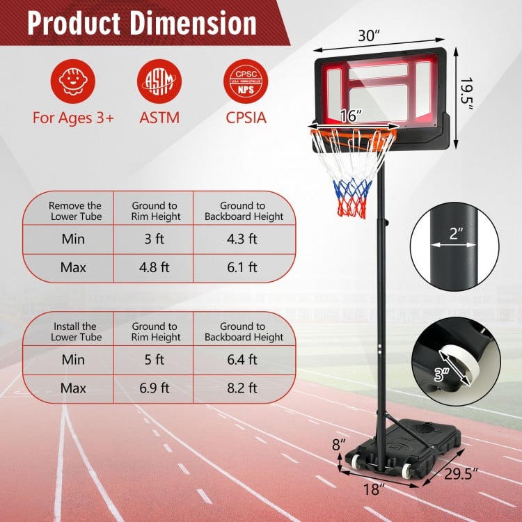 Adjustable 4.3-8.2 FT portable basketball hoop with wheels and shatterproof backboard for outdoor play.
