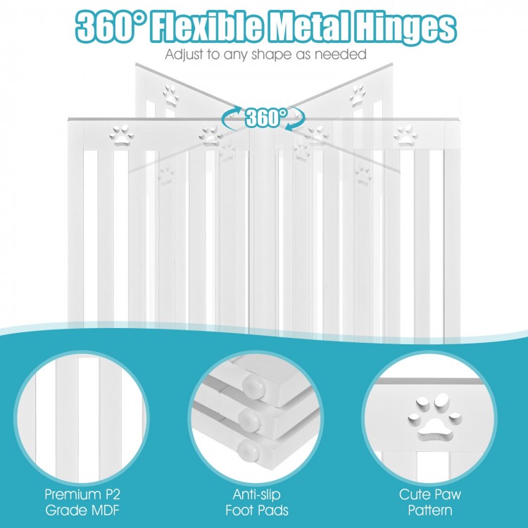 Freestanding 36-inch white wooden pet gate with 360° flexible hinges, anti-slip foot pads, and cute paw pattern for.
