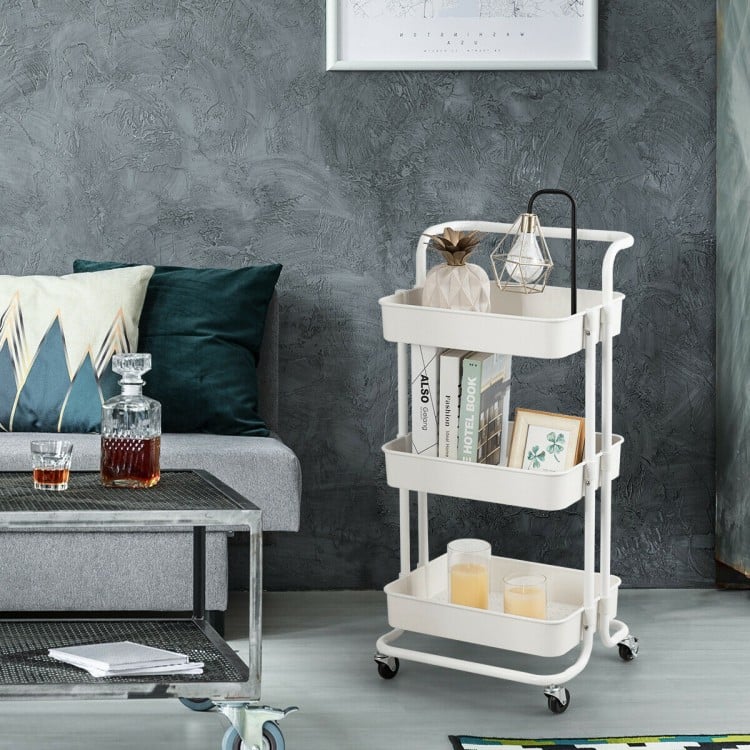 3-tier white rolling cart with casters, featuring ABS baskets and ergonomic handle, ideal for versatile home storage.