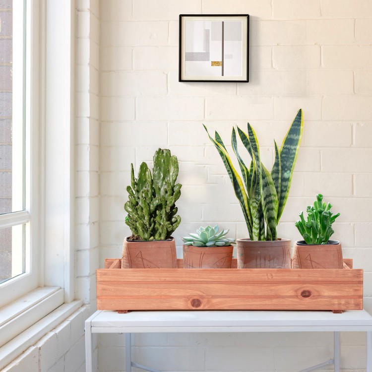 Wooden decorative raised garden bed with four potted plants, ideal for indoor or outdoor use, enhancing window.