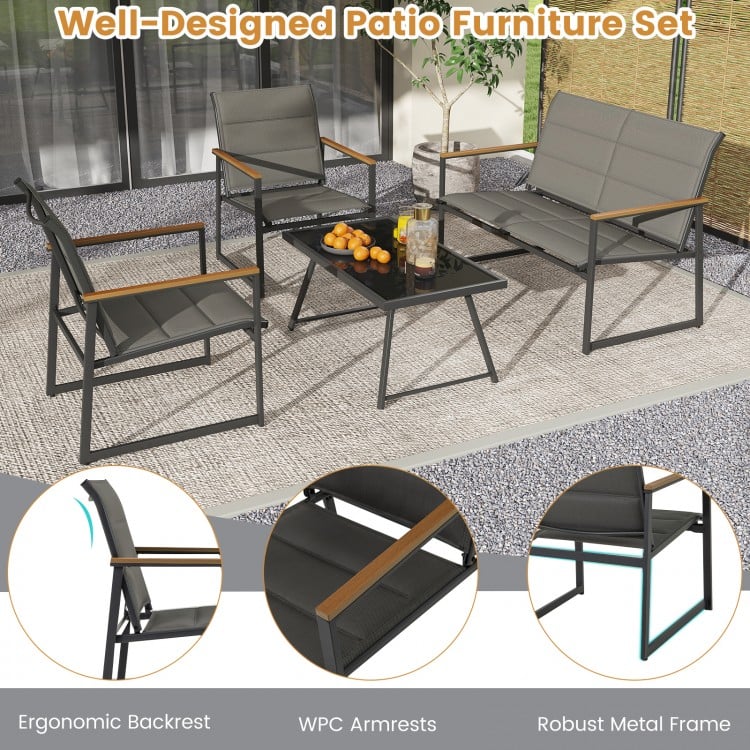 4-piece outdoor conversation patio furniture set in gray with loveseat, armchairs, and coffee table for backyard.