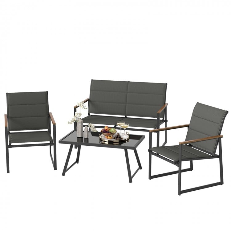 4-piece outdoor conversation patio furniture set in gray with a loveseat, 2 armchairs, and a coffee table for backyard.