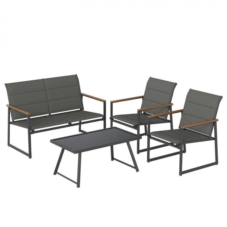 Single armchair with wood-plastic armrests and padded fabric seat in gray from a 4-piece outdoor conversation set for.