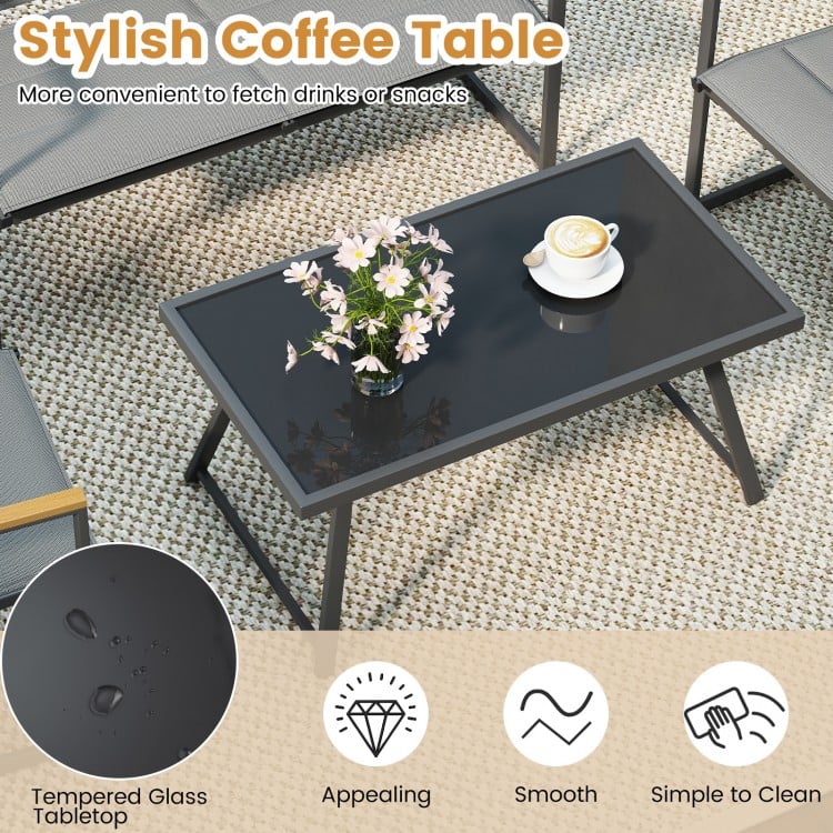 Rectangle coffee table with tempered glass top, part of a gray 4-piece outdoor patio furniture set for versatile.