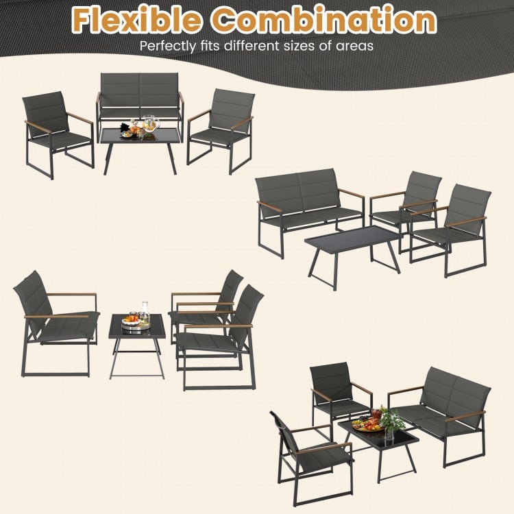 4-piece gray outdoor patio furniture set featuring a loveseat, two armchairs, and a coffee table for versatile layouts.