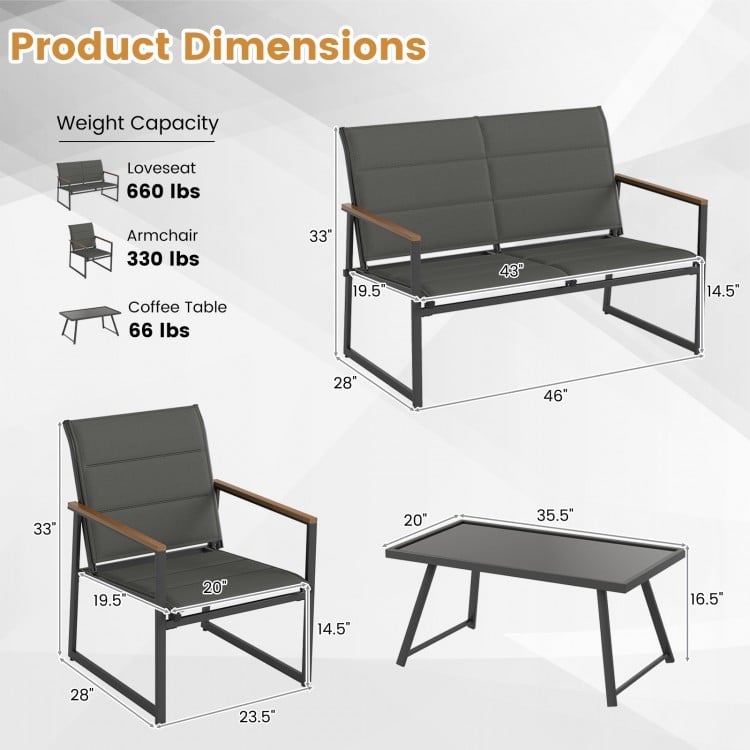 Dimensions of the 4-piece outdoor patio furniture set, including loveseat, armchair, and coffee table measurements.