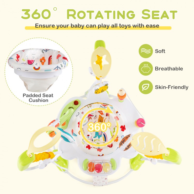 Baby activity center with a 360° rotating seat, adjustable height, and interactive toys for endless fun and engagement.