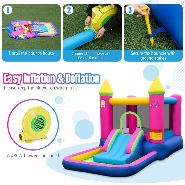 Princess-themed inflatable bounce house with slide, basketball hoop, and ball pit for kids' outdoor fun and safety.