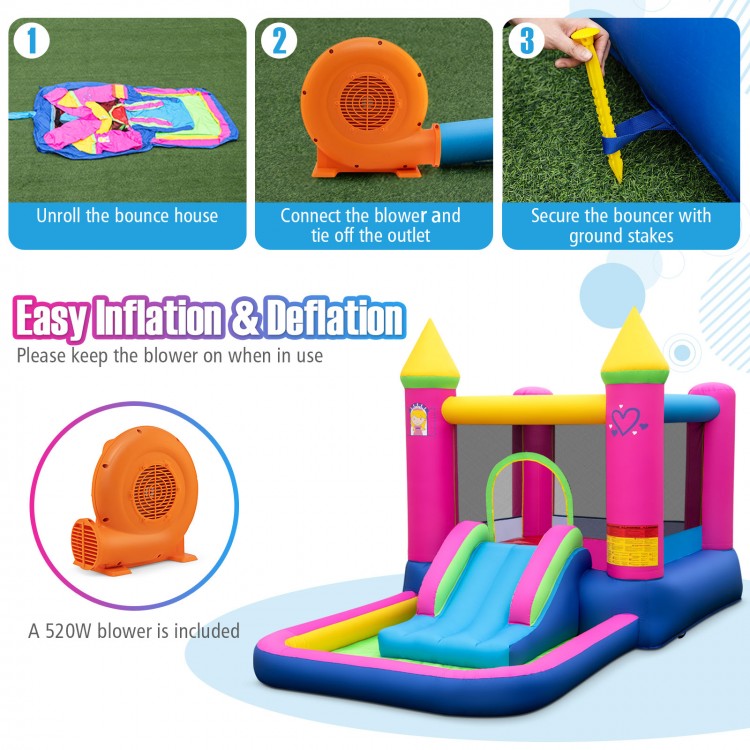 Inflatable bounce house with slide and ball pit, made of durable oxford fabric, perfect for kids' outdoor fun.