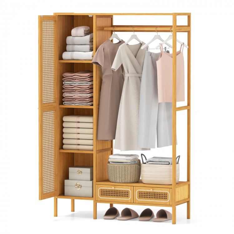 Bamboo clothing rack with cabinet, drawers, and hanging rod for organized storage in natural finish, ideal for home use.