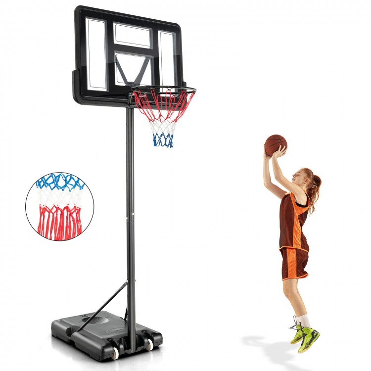 Adjustable basketball hoop system with shatterproof backboard, featuring a player shooting and two weather-resistant.