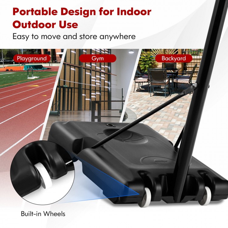 Basketball hoop system with adjustable height, built-in wheels for easy movement, ideal for playgrounds and backyards.