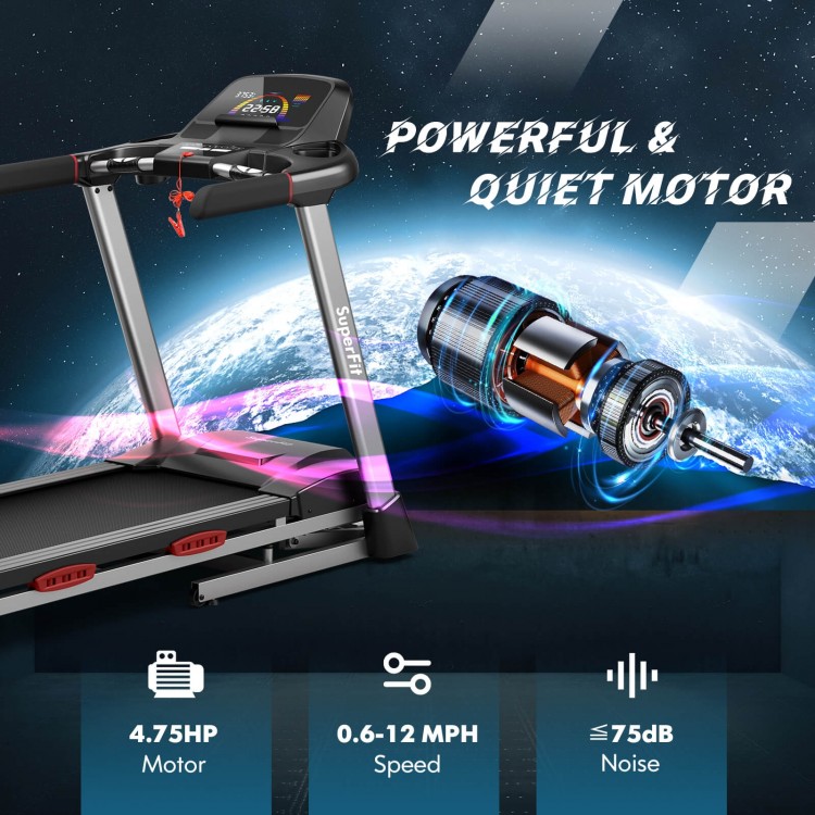 Folding treadmill with a 4.75 HP motor, adjustable speed up to 12 MPH, and 20 preset programs for versatile workouts.