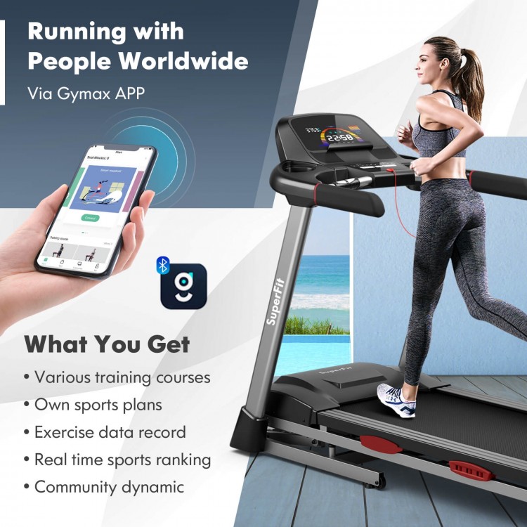 Folding treadmill with auto incline, 4.75 HP motor, and Bluetooth speakers for interactive workouts at home.