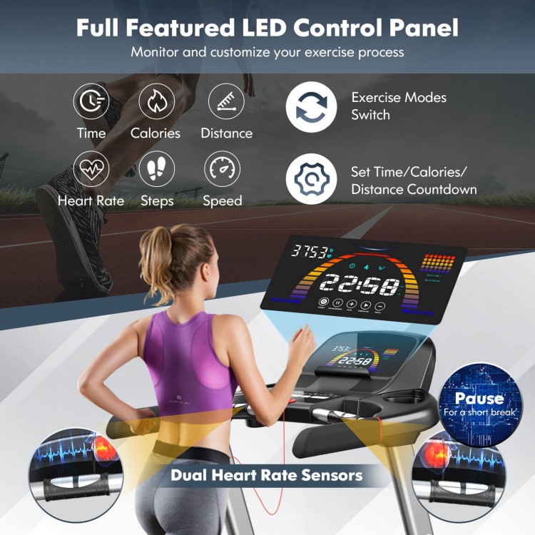 Folding treadmill with LED control panel, displaying heart rate and exercise data, featuring Bluetooth speakers for.