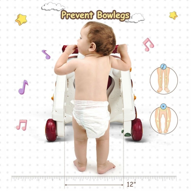 Baby using the 3-in-1 Sit-to-Stand Walker in pink, promoting mobility and fun with music and lights.