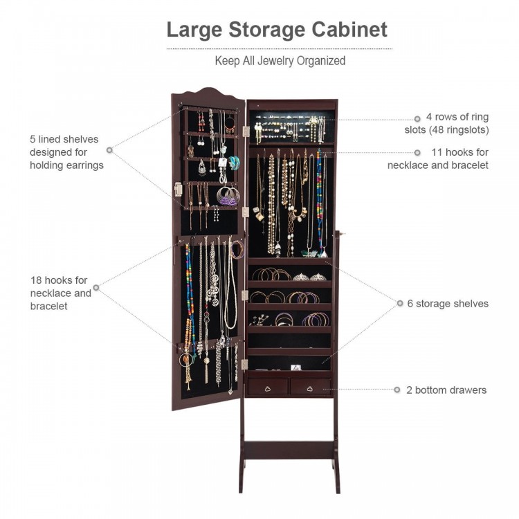 Close-up view of the coffee mirrored jewelry cabinet's velvet-lined shelves and hooks for optimal jewelry organization.