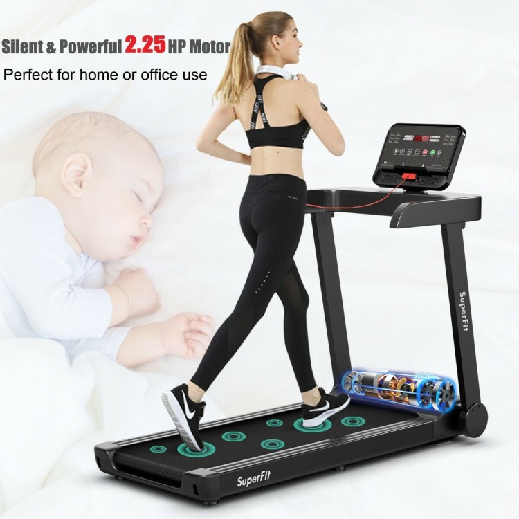 Electric treadmill with 2.25 HP motor, 38” x 16” anti-skid running belt, ideal for home and office use.