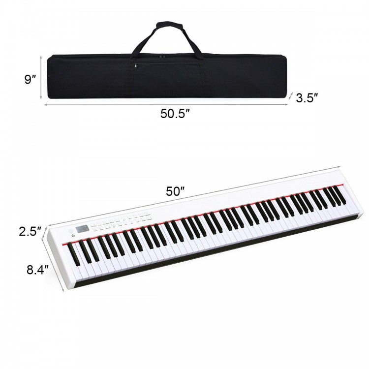 88-key BX-II portable digital piano in white with touch-sensitive keys and included carrying case for easy transport.