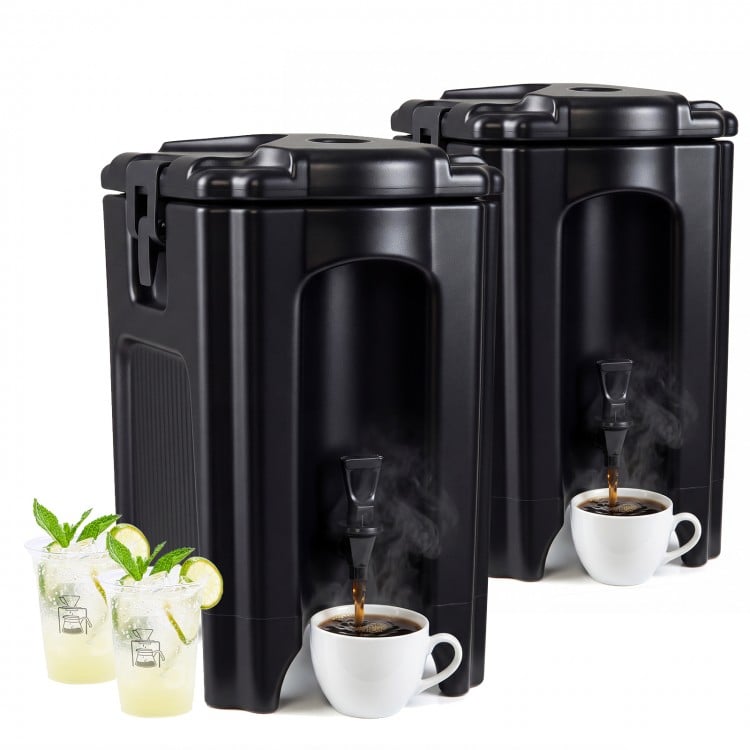 Insulated beverage dispensers set of 2 in black, featuring ergonomic handles and drip-proof faucets for easy serving.