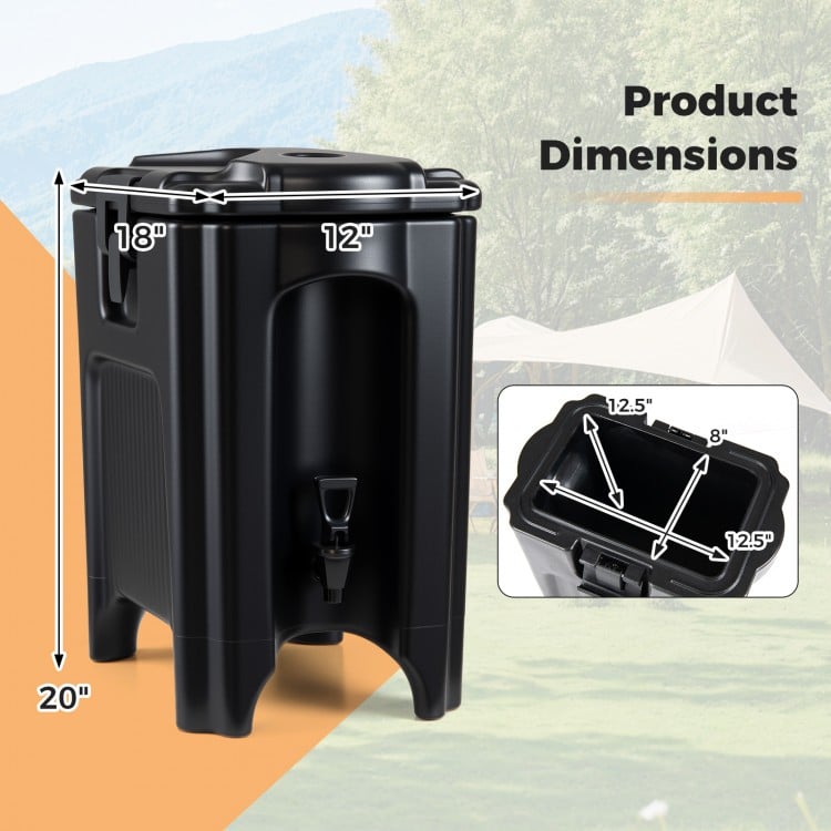 Insulated beverage dispenser with ergonomic handles, 4.4 gallons capacity, dimensions 20" height, 12" width, ideal for.