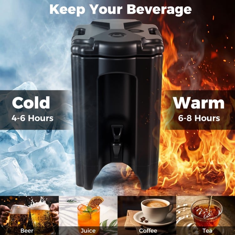 4.4-gallon insulated beverage dispenser in black, designed to keep drinks cold for 4-6 hours and hot for 6-8 hours.