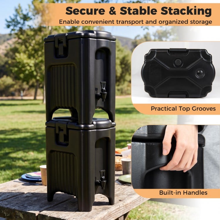 Stacked black insulated beverage dispensers with ergonomic handles, ideal for catering and outdoor events.