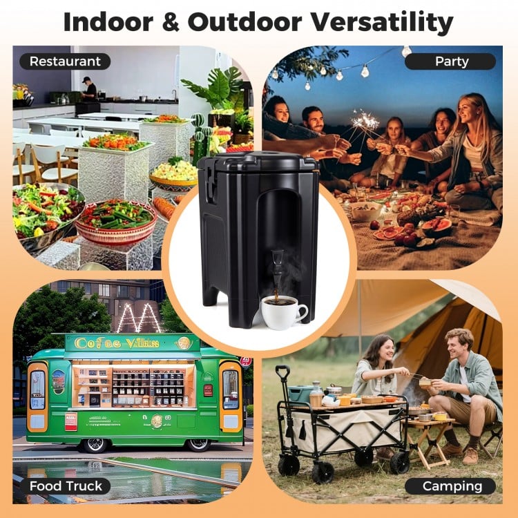 4.4-gallon black insulated beverage dispenser with ergonomic handles, perfect for parties, camping, and catering needs.