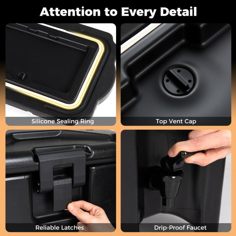 Close-up of the drip-proof faucet and sealing ring on a 4.4-gallon insulated beverage dispenser for mess-free serving.