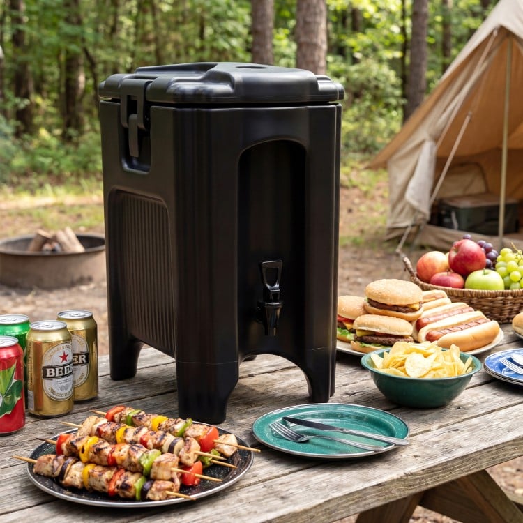 Black 4.4-gallon insulated beverage dispenser with drip-proof faucet, ideal for camping and outdoor parties.