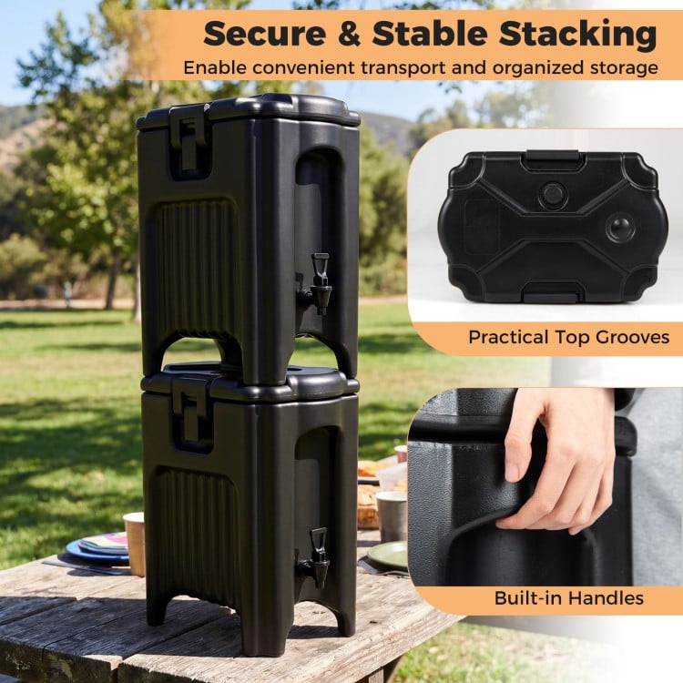 Insulated beverage dispenser with built-in handles and drip-proof faucet, perfect for catering and outdoor events.