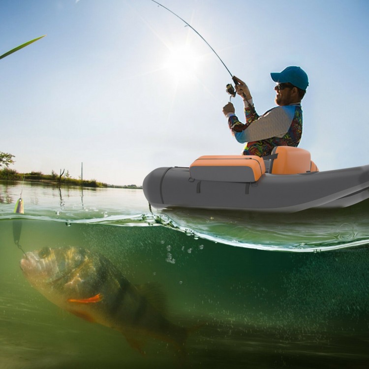 Gray inflatable fishing float tube with adjustable backrest, featuring a thick padded seat and convenient rear net for.
